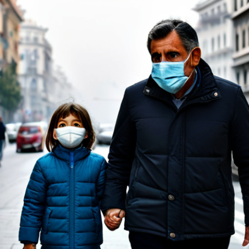 Home 27 Urban Air Pollution Awareness**
"A concerned parent holding a child's hand, both wearing face masks in a bustling Madrid city street, polluted sky, smoggy atmosphere, focus on the parent's worried expression, fully clothed, modest attire, appropriate content, safe for work, perfect anatomy, natural proportions, professional environmental photography, high quality."
**