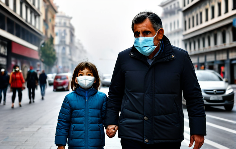 Urban Air Pollution Awareness**

"A concerned parent holding a child's hand, both wearing face masks in a bustling Madrid city street, polluted sky, smoggy atmosphere, focus on the parent's worried expression, fully clothed, modest attire, appropriate content, safe for work, perfect anatomy, natural proportions, professional environmental photography, high quality."

**