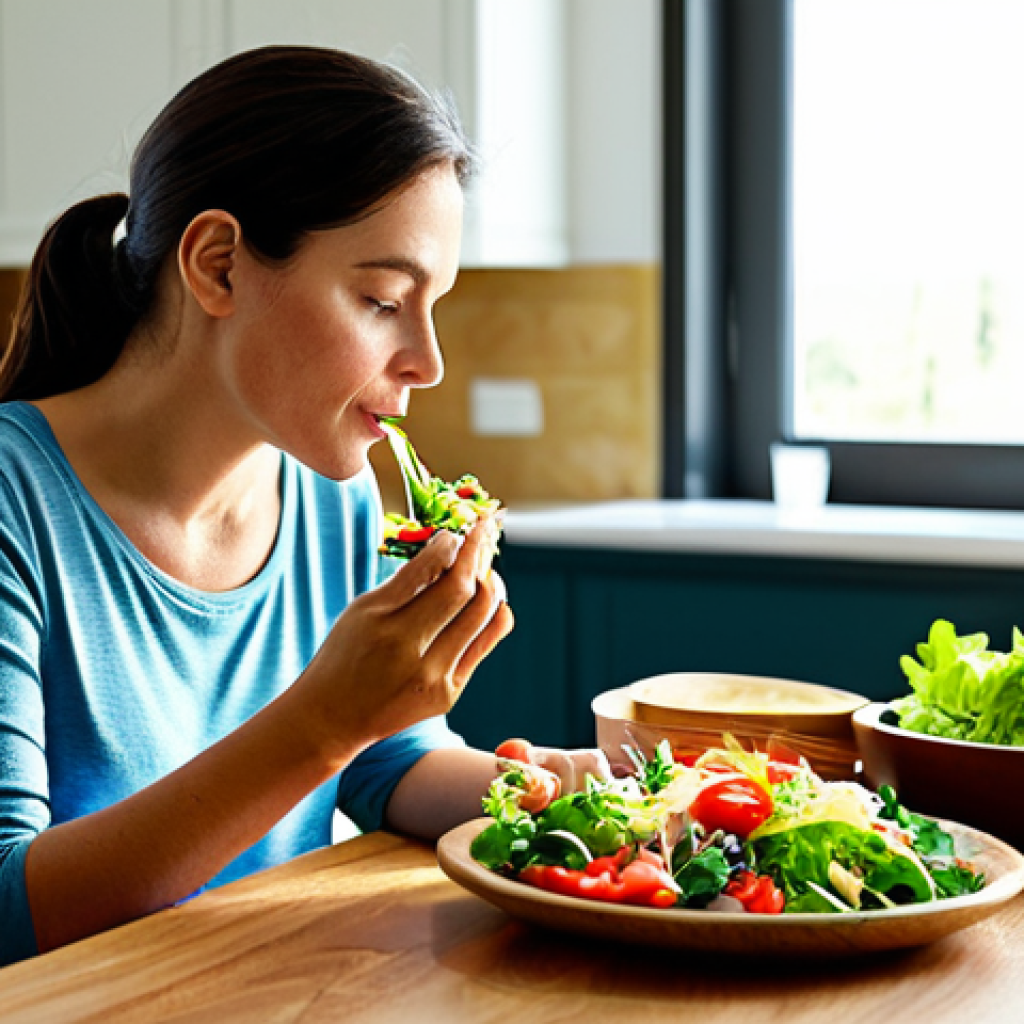 Mindful Eating**

"A woman fully clothed, wearing comfortable clothing, sitting at a wooden table in a sunlit kitchen, mindfully eating a colorful salad. She is focused on the food, with a serene expression. The background features fresh vegetables and natural light. Safe for work, appropriate content, perfect anatomy, natural proportions, family-friendly, professional food photography, well-formed hands."

**