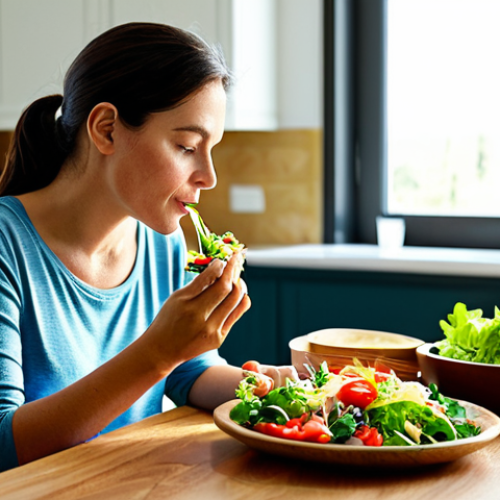 Home 25 Mindful Eating**
"A woman fully clothed, wearing comfortable clothing, sitting at a wooden table in a sunlit kitchen, mindfully eating a colorful salad. She is focused on the food, with a serene expression. The background features fresh vegetables and natural light. Safe for work, appropriate content, perfect anatomy, natural proportions, family-friendly, professional food photography, well-formed hands."
**