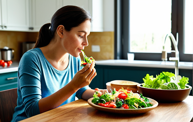 Mindful Eating**

"A woman fully clothed, wearing comfortable clothing, sitting at a wooden table in a sunlit kitchen, mindfully eating a colorful salad. She is focused on the food, with a serene expression. The background features fresh vegetables and natural light. Safe for work, appropriate content, perfect anatomy, natural proportions, family-friendly, professional food photography, well-formed hands."

**