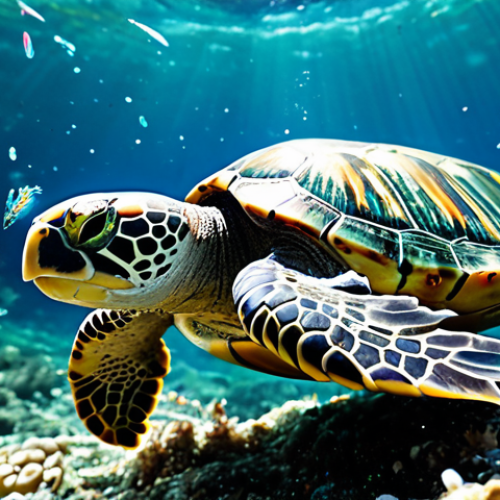 Home 12 Microplastics Impact**
"Close-up photo of marine life (fish, turtle, etc.) surrounded by colorful microplastics in ocean water, conveying the impact of plastic pollution, safe for work, appropriate content, fully clothed, professional, perfect anatomy, natural proportions, vibrant colors, realistic"
**