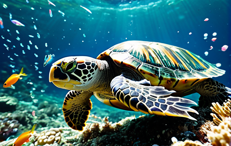 Microplastics Impact**

"Close-up photo of marine life (fish, turtle, etc.) surrounded by colorful microplastics in ocean water, conveying the impact of plastic pollution, safe for work, appropriate content, fully clothed, professional, perfect anatomy, natural proportions, vibrant colors, realistic"

**