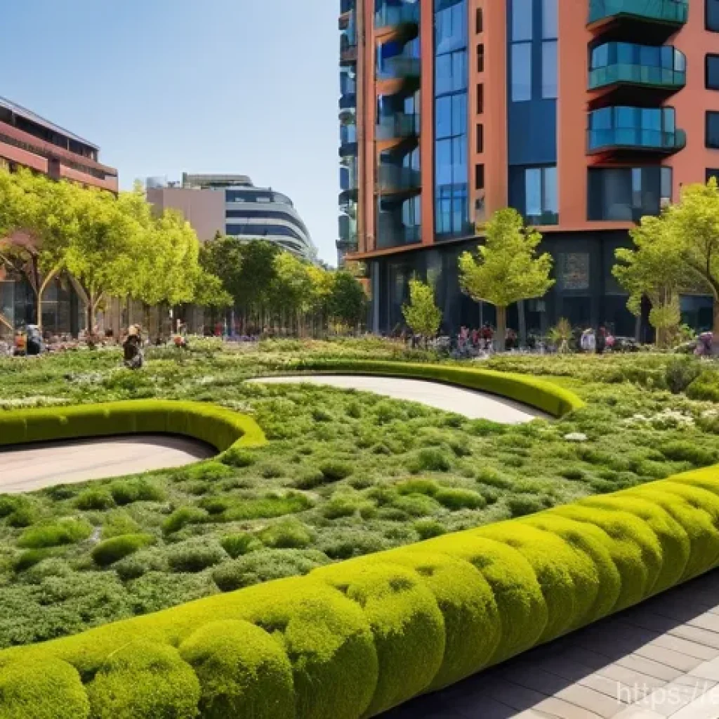 도시 생태학 - **Urban Oasis in a Spanish City:** A vibrant, sun-drenched urban park in a bustling Spanish city lik...