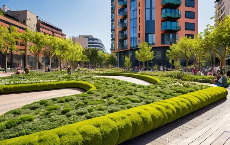 도시 생태학 - **Urban Oasis in a Spanish City:** A vibrant, sun-drenched urban park in a bustling Spanish city lik...