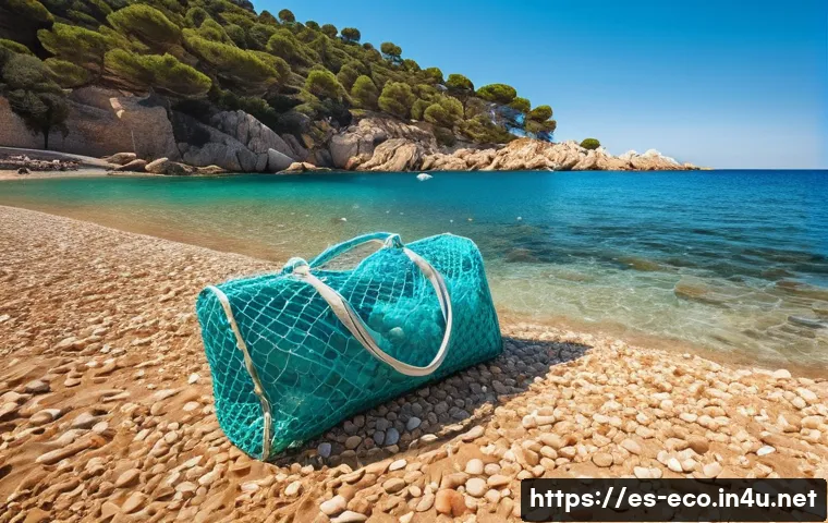 해양 플라스틱 오염 - **Prompt:** A serene, wide-angle shot of a beautiful, sun-drenched beach on the Costa Brava in Spain...
