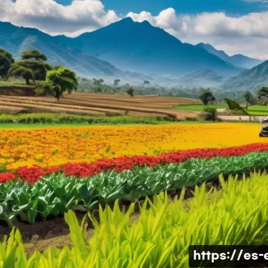 농약과 생태계 영향 - A vibrant agricultural landscape in a rural Latin American setting during daylight, showcasing healt...