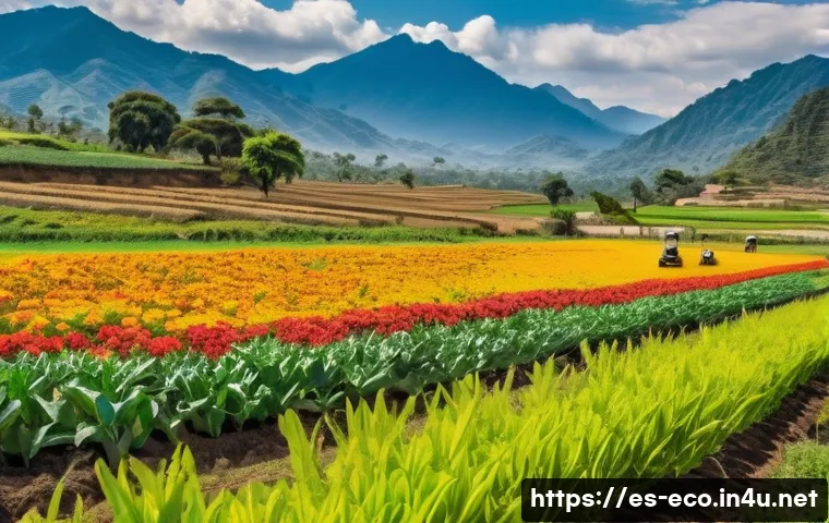 농약과 생태계 영향 - A vibrant agricultural landscape in a rural Latin American setting during daylight, showcasing healt...