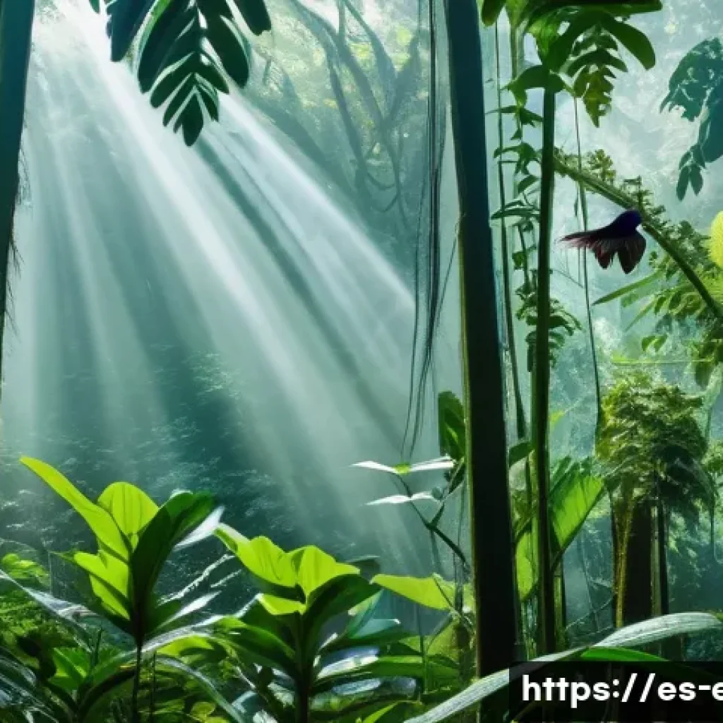 종간 경쟁 - A vibrant tropical rainforest scene in the Amazon basin featuring diverse bird species feeding at di...
