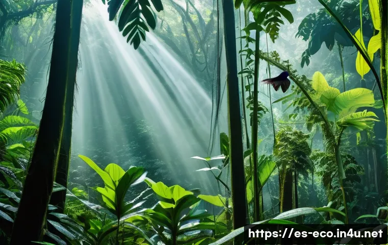 종간 경쟁 - A vibrant tropical rainforest scene in the Amazon basin featuring diverse bird species feeding at di...
