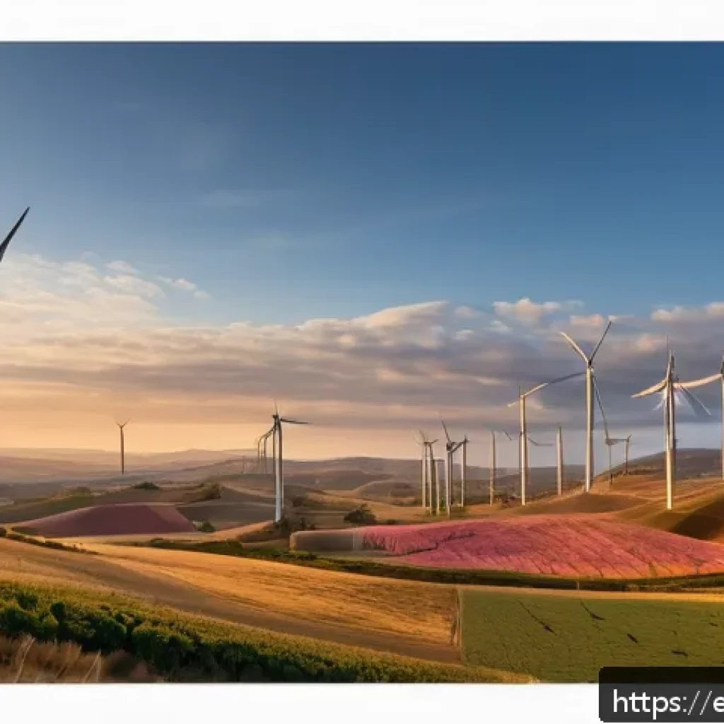 풍력발전 생태영향 - A panoramic scene of a Spanish rural wind farm at sunset with several large white wind turbines feat...