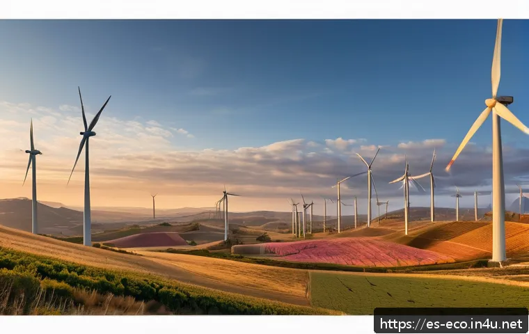 풍력발전 생태영향 - A panoramic scene of a Spanish rural wind farm at sunset with several large white wind turbines feat...