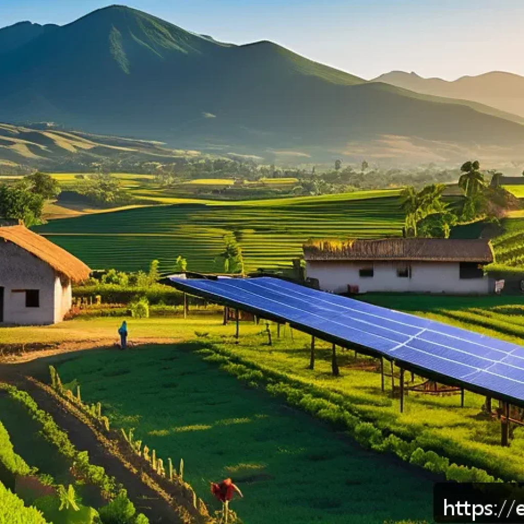 탄소중립과 생태 - A vibrant rural Latin American village scene at sunrise featuring local farmers installing solar pho...