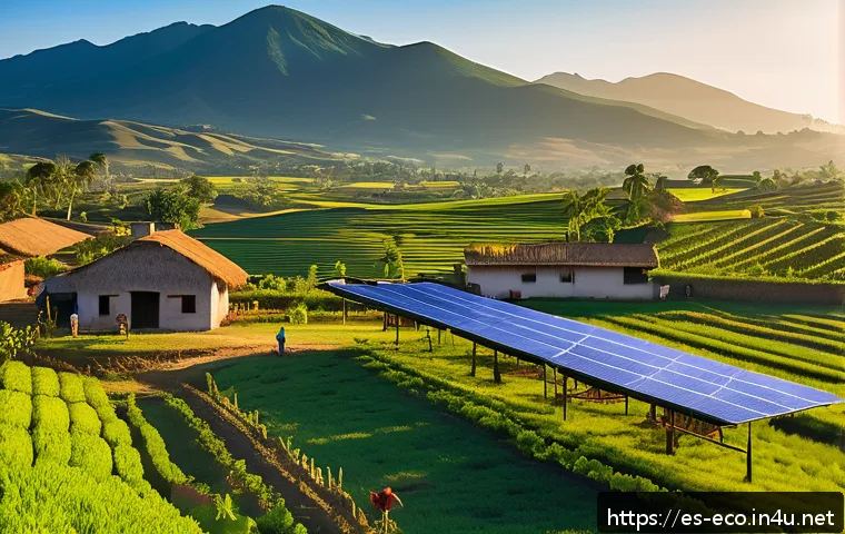 탄소중립과 생태 - A vibrant rural Latin American village scene at sunrise featuring local farmers installing solar pho...