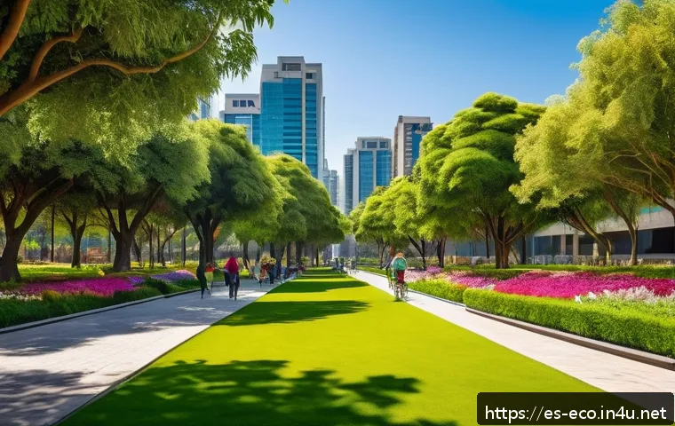 환경 생태 시스템 - A vibrant urban park scene in a modern Latin American city during a sunny day, featuring diverse fam...