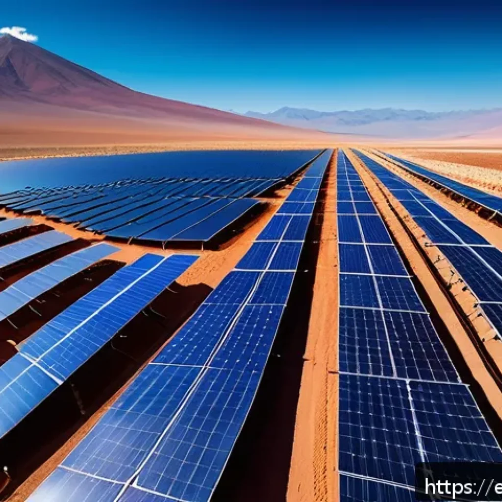재생에너지와 생태 - A panoramic view of a solar energy project in the Atacama Desert, Chile, featuring rows of sleek sol...