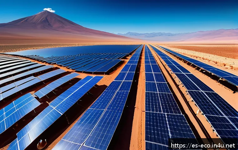 재생에너지와 생태 - A panoramic view of a solar energy project in the Atacama Desert, Chile, featuring rows of sleek sol...