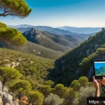 국립공원 관리 - A vibrant aerial scene of a Spanish national park at sunset, featuring eco-friendly drones equipped ...