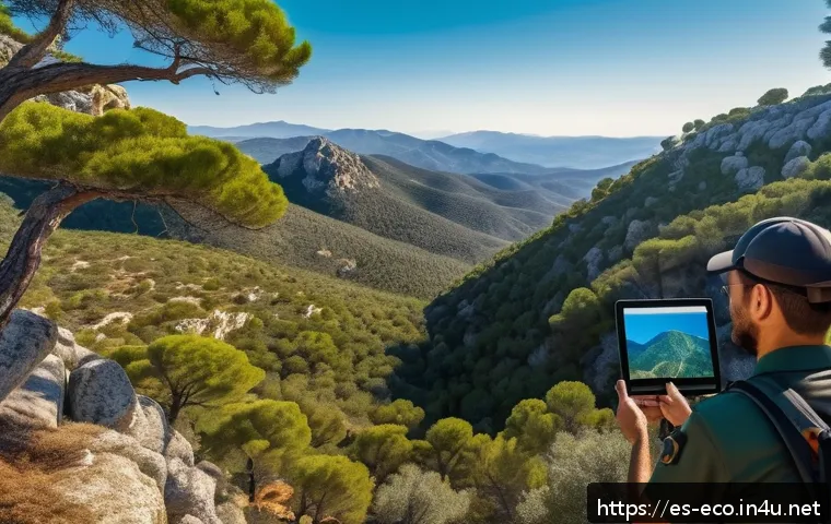 국립공원 관리 - A vibrant aerial scene of a Spanish national park at sunset, featuring eco-friendly drones equipped ...