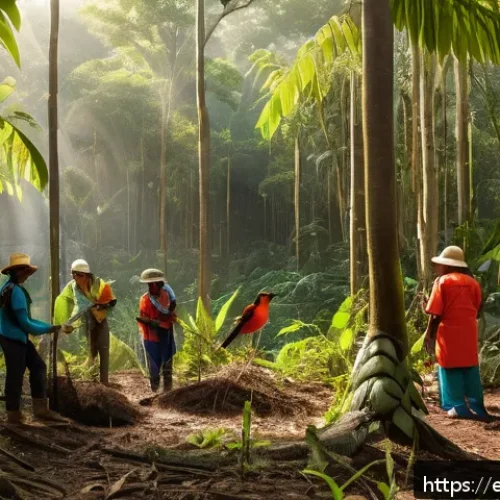 생태학 연구기관 - A vibrant tropical forest restoration scene in Latin America featuring diverse native trees and plan...