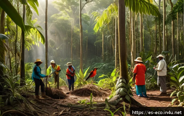 생태학 연구기관 - A vibrant tropical forest restoration scene in Latin America featuring diverse native trees and plan...