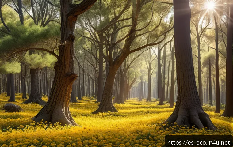 공생과 기생 - A vibrant Mediterranean forest scene in southern Spain during springtime, showing sunlit pine and ho...