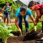 환경 감수성 교육 - A diverse group of Latin American children and adults participating in a vibrant urban community gar...