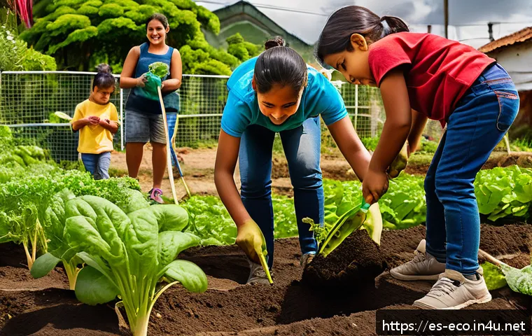 환경 감수성 교육 - A diverse group of Latin American children and adults participating in a vibrant urban community gar...