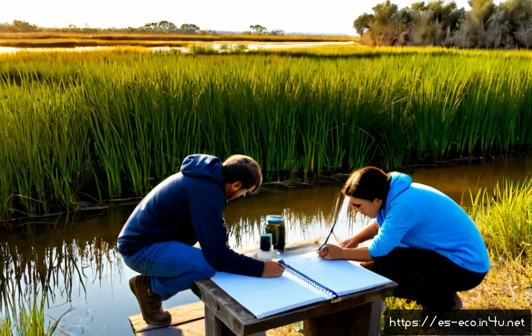 환경 생태학 학술지 - Photorealistic environmental ecology journal concept, Spanish field researchers observing a Mediterr...